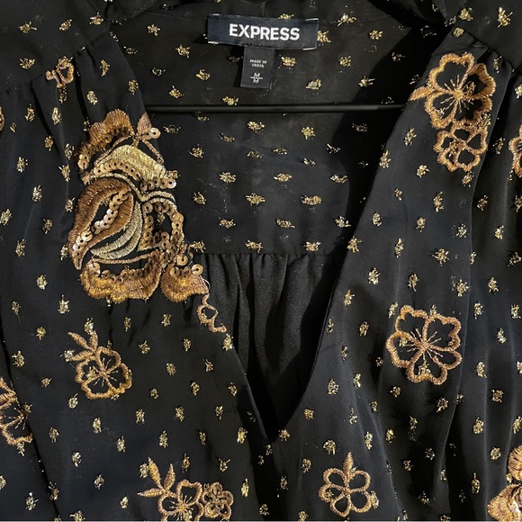 Express Long Sleeve Dress in Black with Gold and Bronze Embroidered Floral - Picture 3 of 11